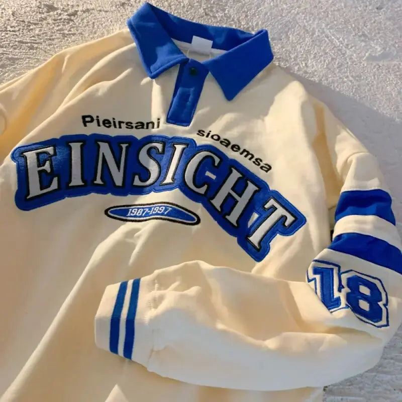 2022 Korean Fashion Hip Hop Letter Embroidery Sweatshirt POLO Shirt Long Sleeve Oversized Clothes Teens Vintage Beige Blue Tops Daulet Apparel