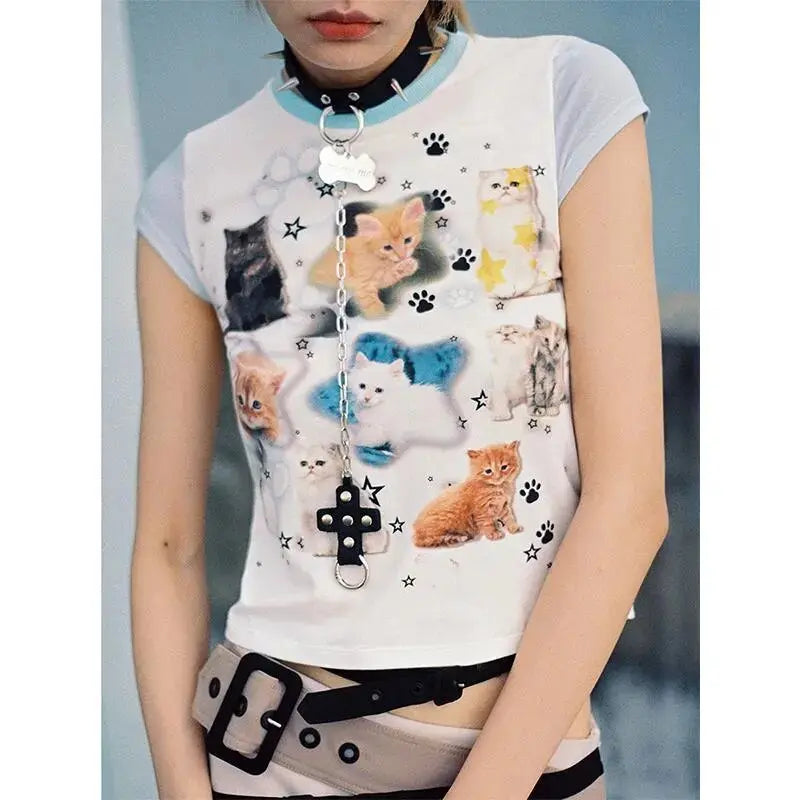 Aesthetic Cool Cats Kittens Cute T Shirts Y2k Top Japan Kawaii Egirl Skinny Crop Tops High Quality Cotton Tee Summer Sexy Ladies Daulet Apparel