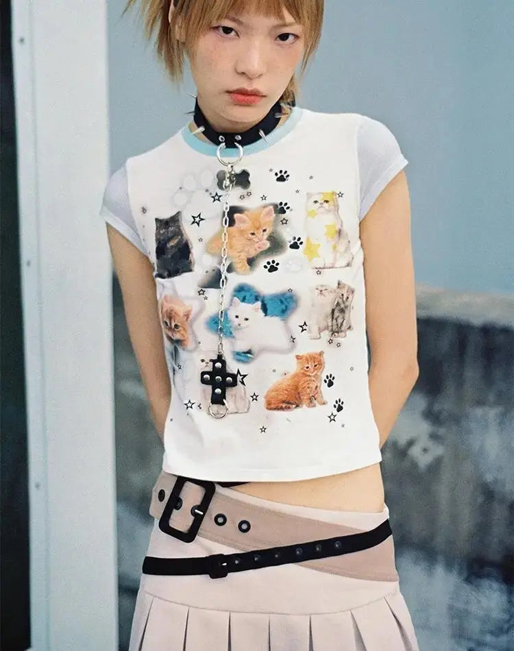 Aesthetic Cool Cats Kittens Cute T Shirts Y2k Top Japan Kawaii Egirl Skinny Crop Tops High Quality Cotton Tee Summer Sexy Ladies Daulet Apparel