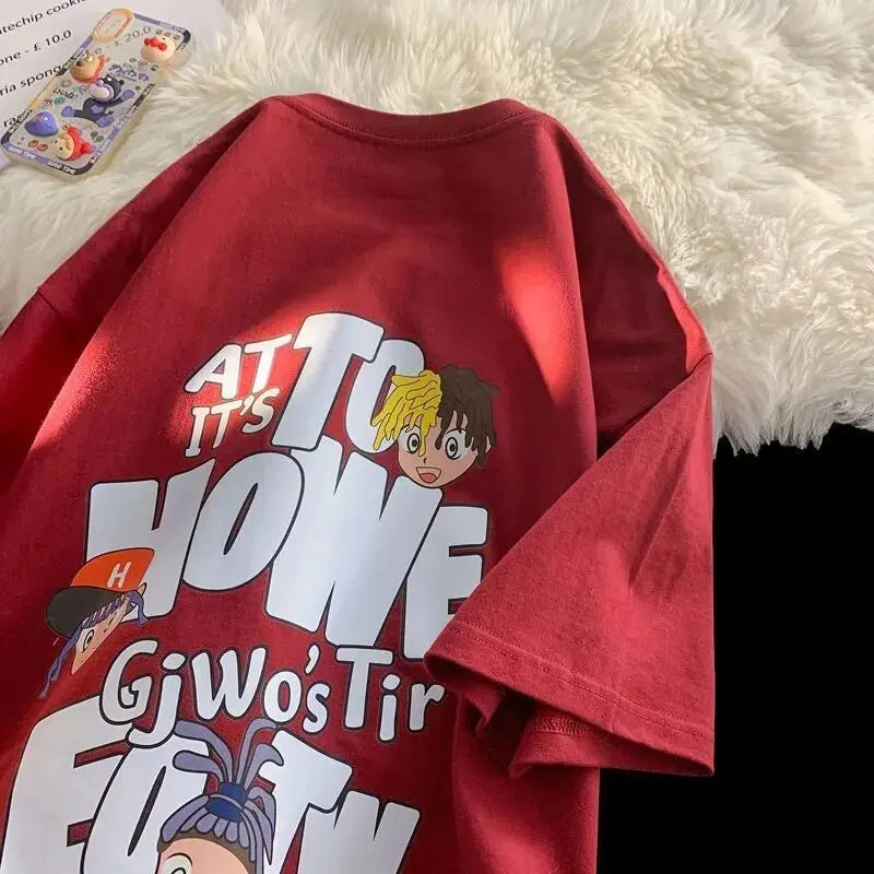American Retro Anime Graphic T Shirts Funny Letters Short Sleeve Tops Hip Hop Couples Kawaii Clothes Oversized Summer Cotton Tee Daulet Apparel