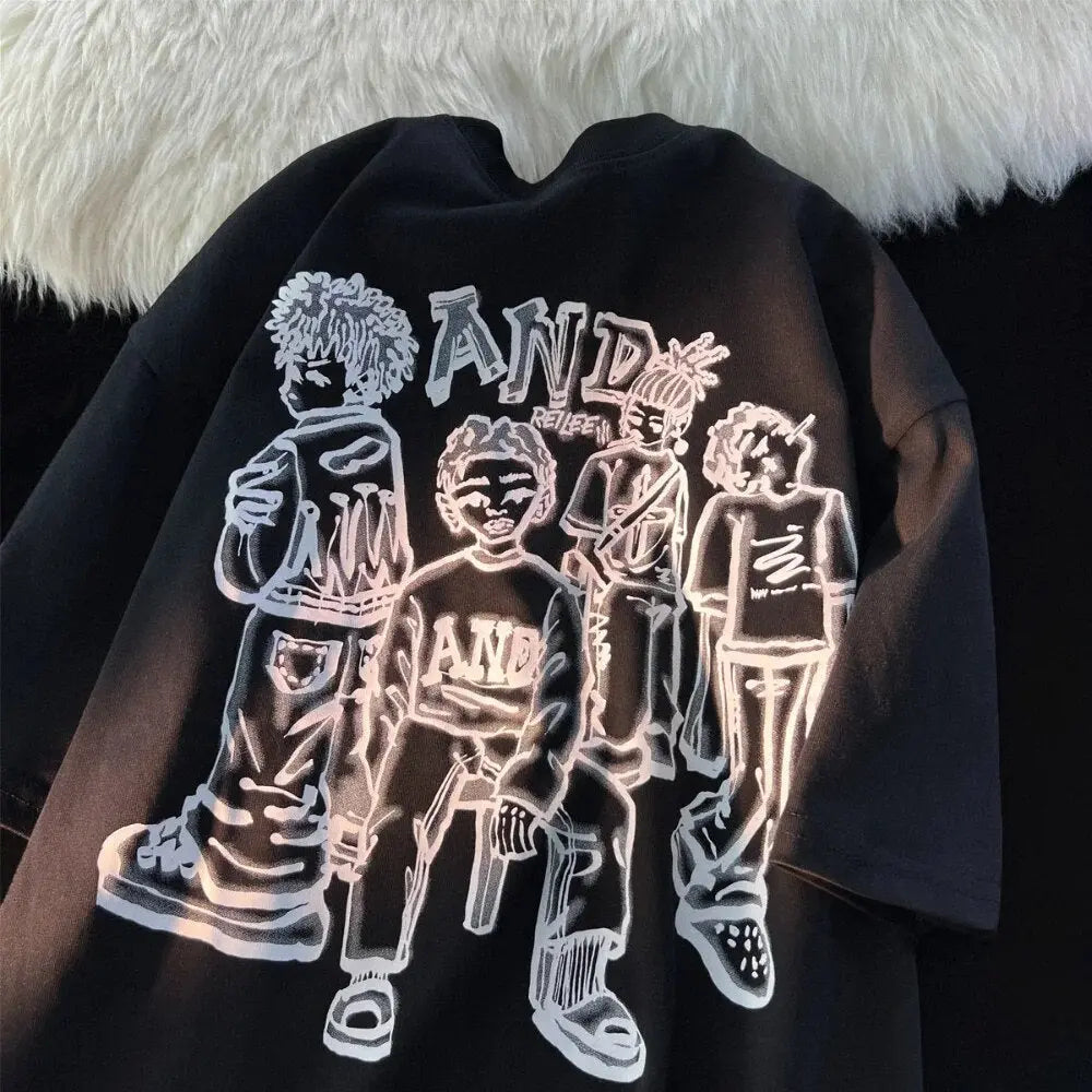 American Vintage Street Character Anime T Shirts Hip Hop Boys Hand-Painted Grunge Y2K Tops Oversized Couples Harajuku Kawaii Tee Daulet Apparel
