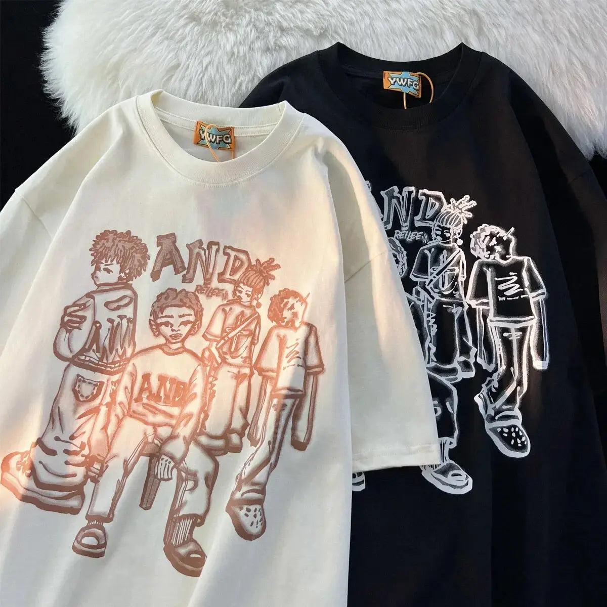 American Vintage Street Character Anime T Shirts Hip Hop Boys Hand-Painted Grunge Y2K Tops Oversized Couples Harajuku Kawaii Tee Daulet Apparel