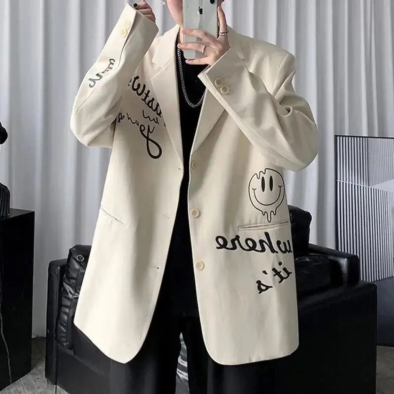 Apricot Letters Graffiti Oversized Blazer Women Jacket Coat Loose Streetwear Spring Outerwear 2021 New Korean Style Office Lady Daulet Apparel