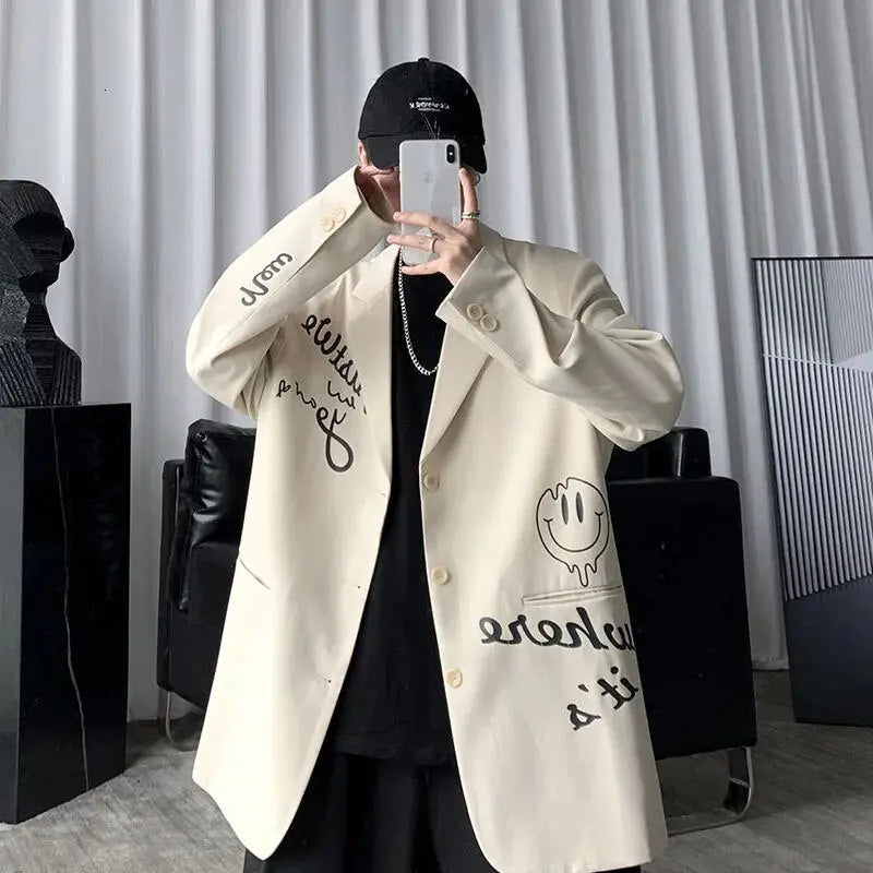 Apricot Letters Graffiti Oversized Blazer Women Jacket Coat Loose Streetwear Spring Outerwear 2021 New Korean Style Office Lady Daulet Apparel