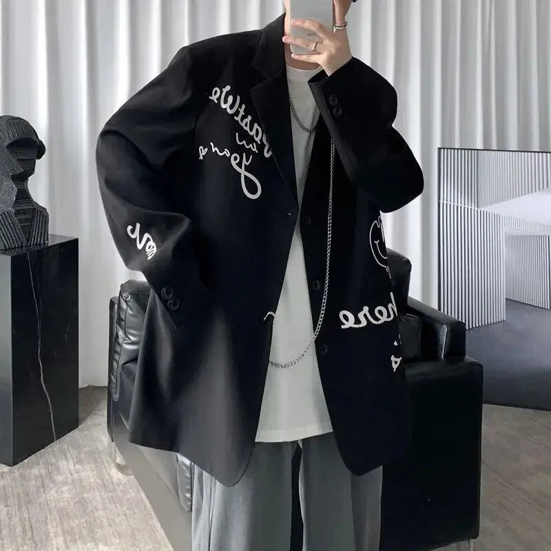 Apricot Letters Graffiti Oversized Blazer Women Jacket Coat Loose Streetwear Spring Outerwear 2021 New Korean Style Office Lady Daulet Apparel