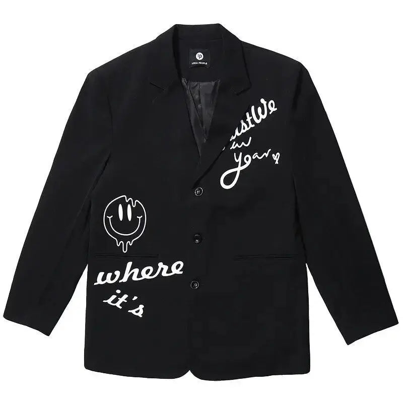 Apricot Letters Graffiti Oversized Blazer Women Jacket Coat Loose Streetwear Spring Outerwear 2021 New Korean Style Office Lady Daulet Apparel