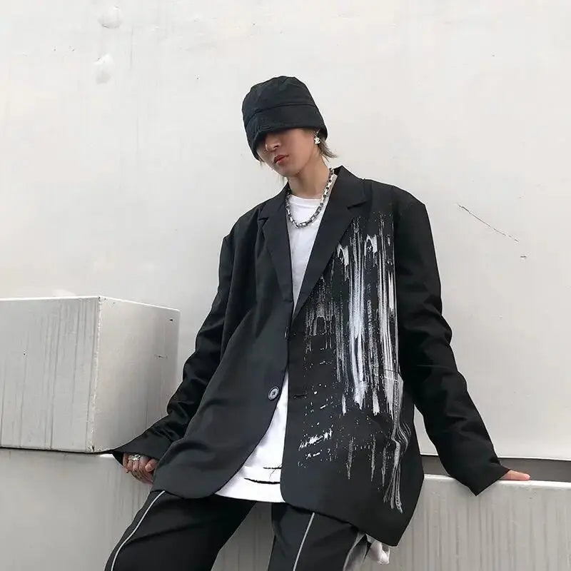 Apricot Letters Graffiti Oversized Blazer Women Jacket Coat Loose Streetwear Spring Outerwear 2021 New Korean Style Office Lady Daulet Apparel