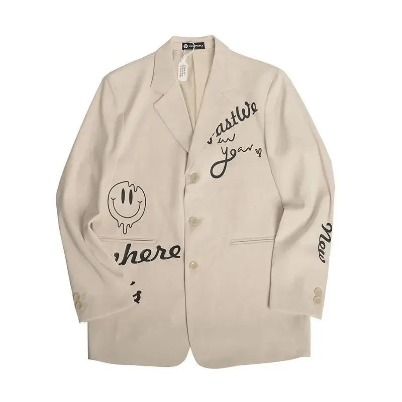 Apricot Letters Graffiti Oversized Blazer Women Jacket Coat Loose Streetwear Spring Outerwear 2021 New Korean Style Office Lady Daulet Apparel