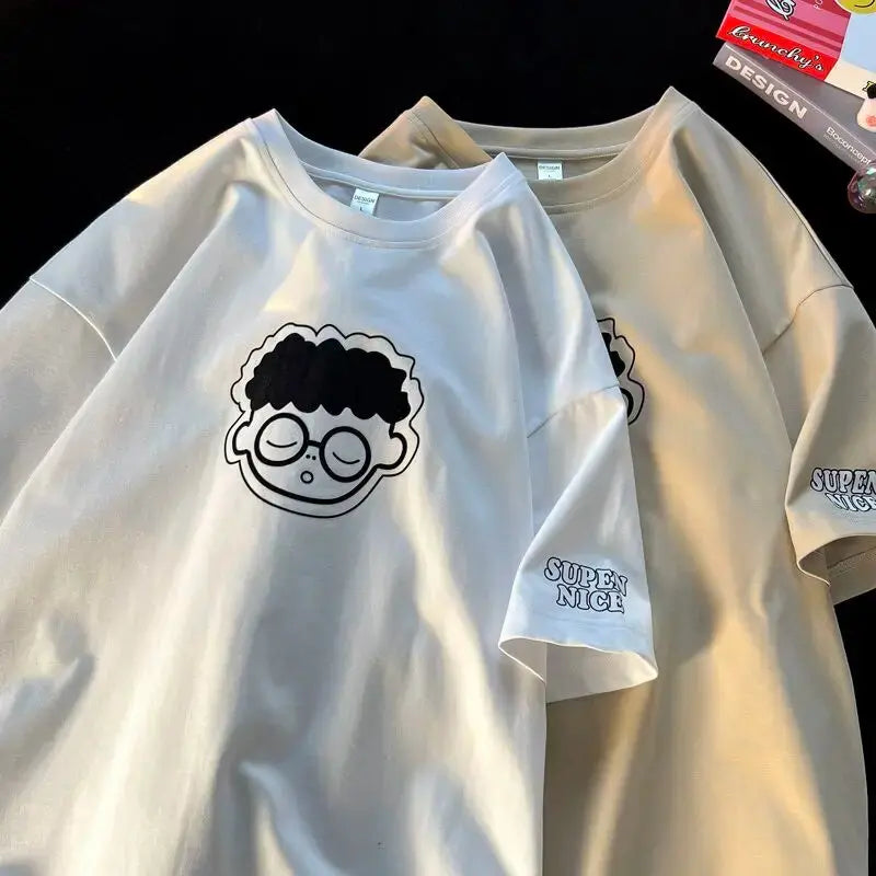 Chic Cartoon Boy Print Solid T Shirts O-neck Loose Summer Tops Teenage Streetwear Fashion Hip Hop Tee High Quality Cotton Casual Daulet Apparel