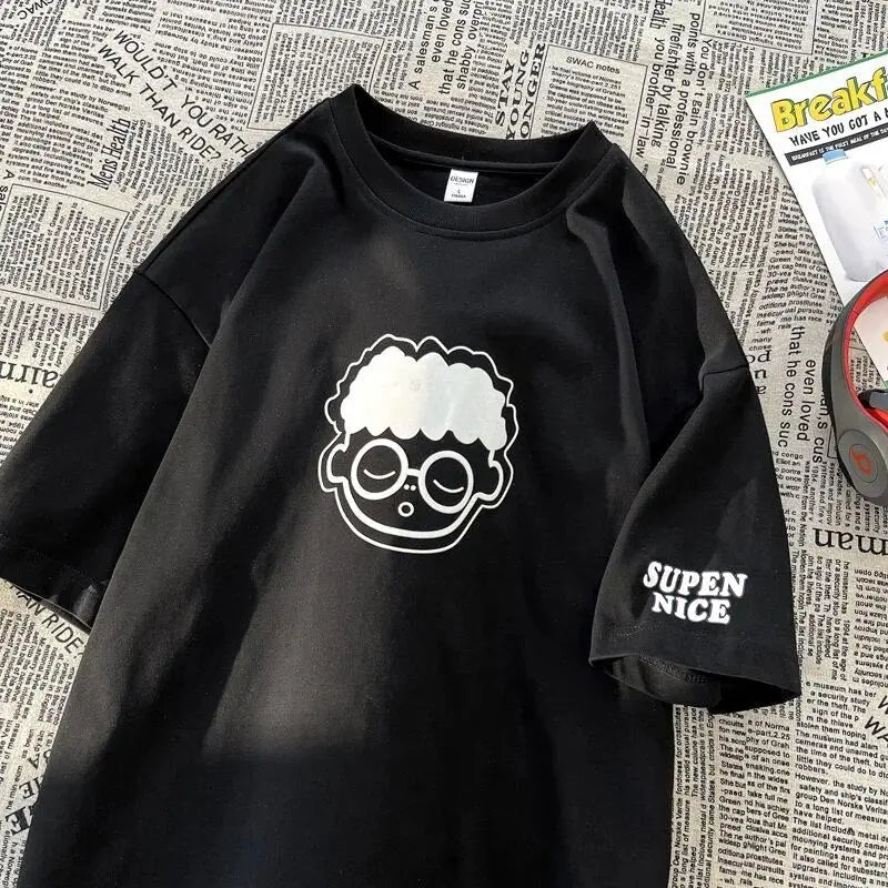 Chic Cartoon Boy Print Solid T Shirts O-neck Loose Summer Tops Teenage Streetwear Fashion Hip Hop Tee High Quality Cotton Casual Daulet Apparel