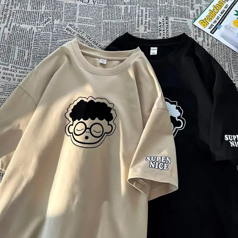 Chic Cartoon Boy Print Solid T Shirts O-neck Loose Summer Tops Teenage Streetwear Fashion Hip Hop Tee High Quality Cotton Casual Daulet Apparel