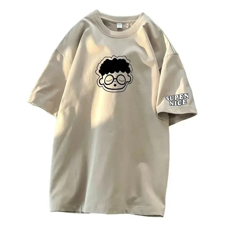 Chic Cartoon Boy Print Solid T Shirts O-neck Loose Summer Tops Teenage Streetwear Fashion Hip Hop Tee High Quality Cotton Casual Daulet Apparel