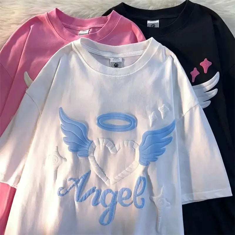 Cute Foaming Print Angel Love Hip Hop T Shirts Pure Cotton Oversized T Shirt O-neck Loose Streetwear Couples Harajuku Y2K Tops Daulet Apparel