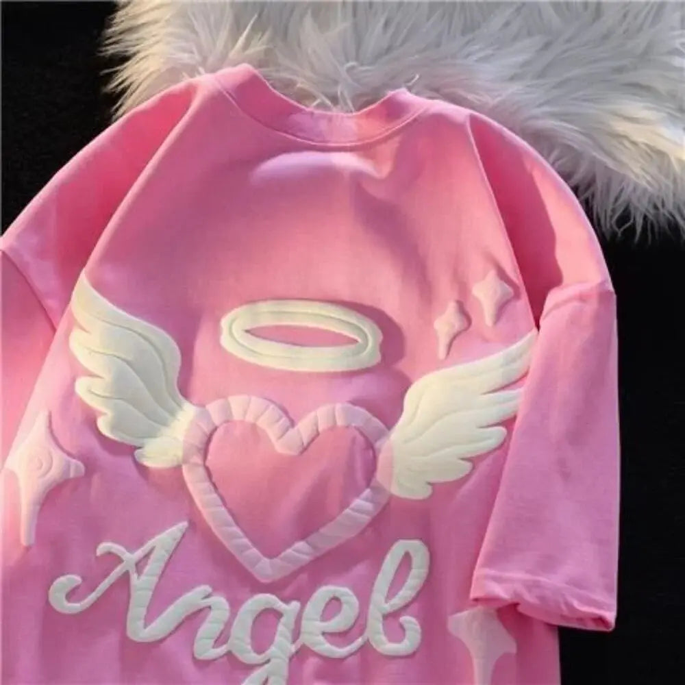 Cute Foaming Print Angel Love Hip Hop T Shirts Pure Cotton Oversized T Shirt O-neck Loose Streetwear Couples Harajuku Y2K Tops Daulet Apparel