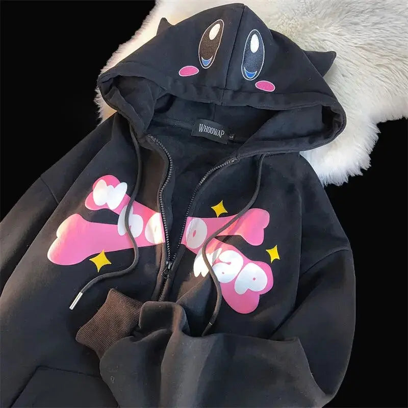 Devil Horn Japanese Y2K Print Anime Hoodies Zip Up Jacket Kawaii Cartoon Zip Up Oversized Sweatshirt Streetwear Students Couples Daulet Apparel
