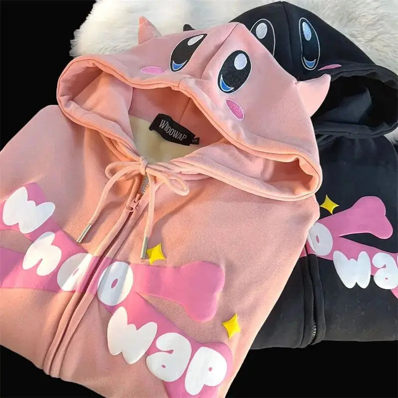 Devil Horn Japanese Y2K Print Anime Hoodies Zip Up Jacket Kawaii Cartoon Zip Up Oversized Sweatshirt Streetwear Students Couples Daulet Apparel