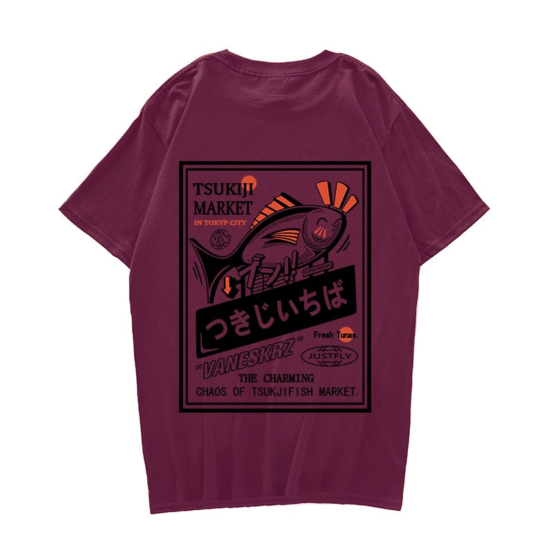 Hip Hop Streetwear Harajuku T-shirt Japanse Kanji Fish Print T-shirt 2021 Mannen Katoen Casual Korte Mouw T-shirt Japan Stijl Daulet Apparel