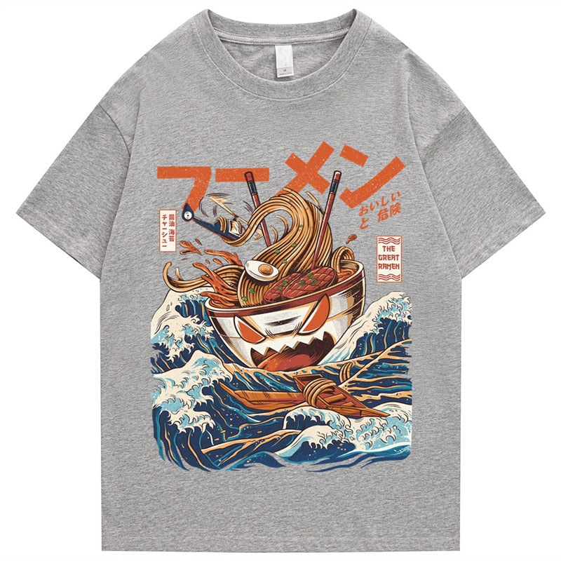 Japanese Harajuku T-Shirt Men 2021 Summer Hip Hop T Shirts Noodle Ship Cartoon Streetwear Tshirts Short Sleeve Casual Top Cotton Daulet Apparel