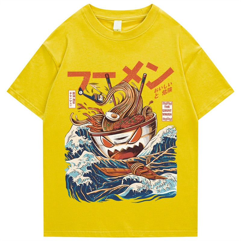 Japanese Harajuku T-Shirt Men 2021 Summer Hip Hop T Shirts Noodle Ship Cartoon Streetwear Tshirts Short Sleeve Casual Top Cotton Daulet Apparel