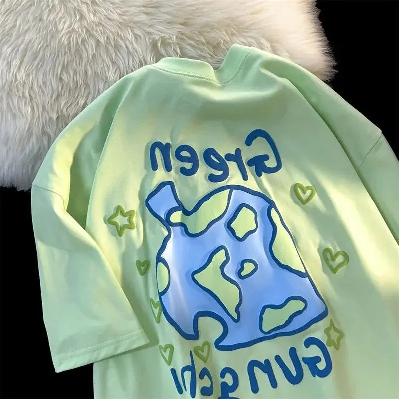 Harajuku Creative Green Cartoon Hand-Paint Short Sleeve T Shirts Oversized Kawaii Tee Summer Cotton Casual Tops Teenage Clothes Daulet Apparel