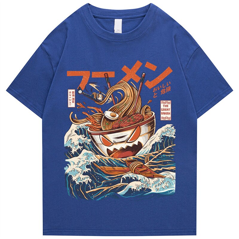 Japanese Harajuku T-Shirt Men 2021 Summer Hip Hop T Shirts Noodle Ship Cartoon Streetwear Tshirts Short Sleeve Casual Top Cotton Daulet Apparel