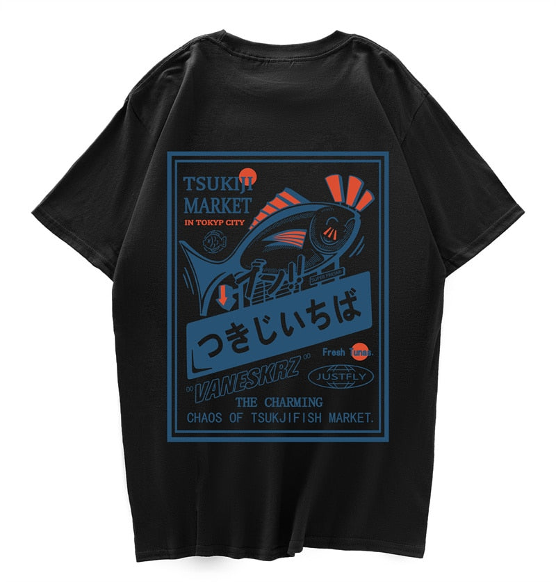 Hip Hop Streetwear Harajuku T-shirt Japanse Kanji Fish Print T-shirt 2021 Mannen Katoen Casual Korte Mouw T-shirt Japan Stijl Daulet Apparel