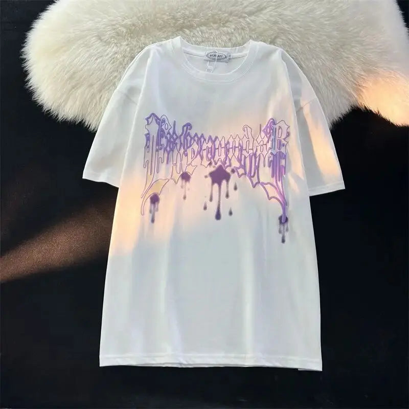 Purple Splash-ink Hip Hop Letters Graphic T Shirts Streetwear Oversized Short Sleeve Tops Summer Cotton Harajuku Couples Casual Daulet Apparel