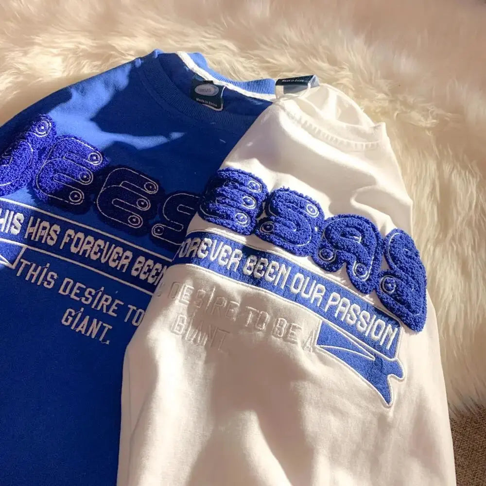 Retro Klein Blue Flocking Embroidery T Shirts Fashion Preppy Oversized Short Sleeve Tops 2022 Summer Large 3XL Casual Men Women Daulet Apparel