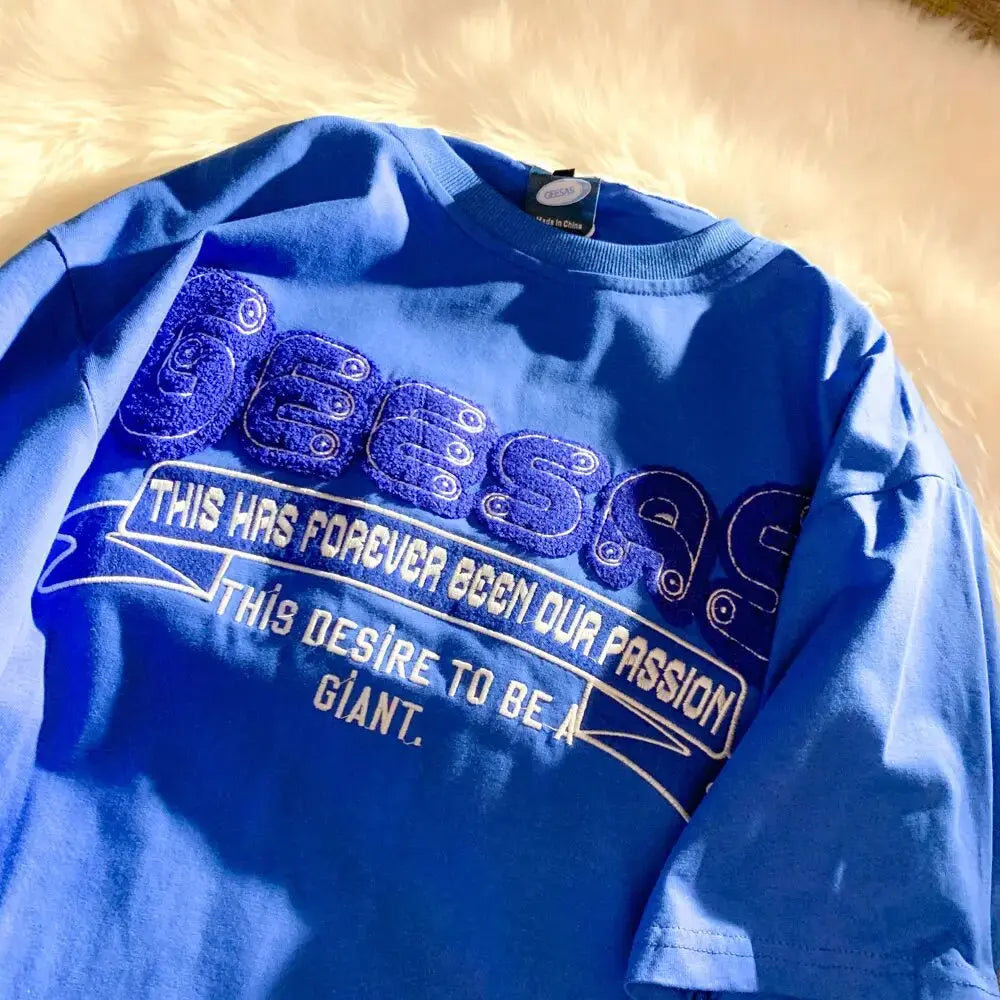 Retro Klein Blue Flocking Embroidery T Shirts Fashion Preppy Oversized Short Sleeve Tops 2022 Summer Large 3XL Casual Men Women Daulet Apparel