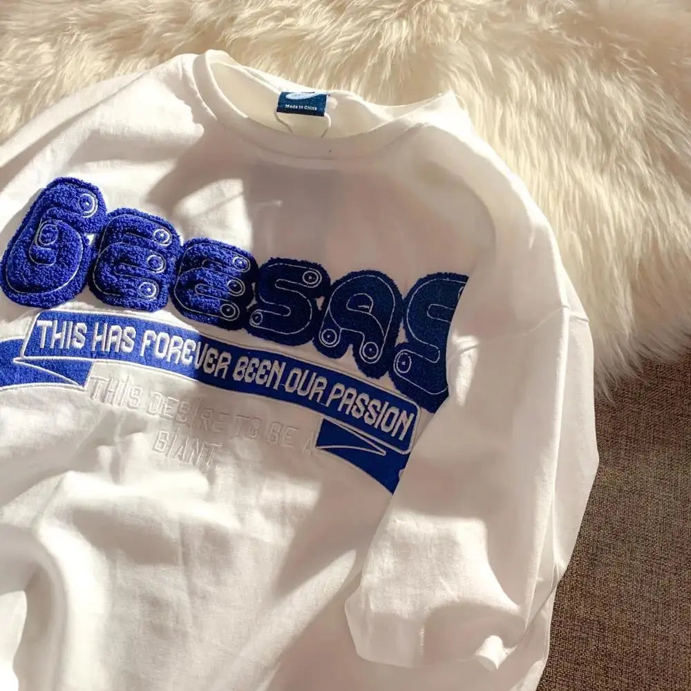 Retro Klein Blue Flocking Embroidery T Shirts Fashion Preppy Oversized Short Sleeve Tops 2022 Summer Large 3XL Casual Men Women Daulet Apparel