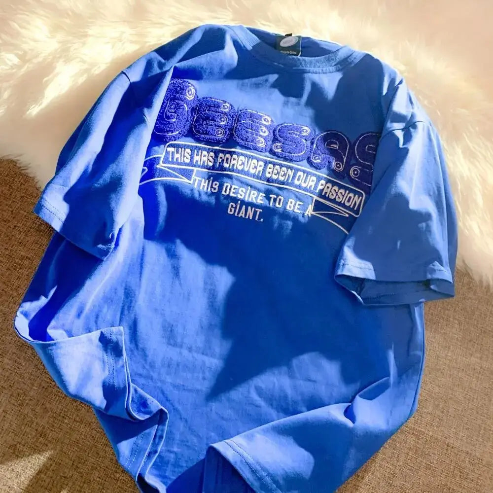 Retro Klein Blue Flocking Embroidery T Shirts Fashion Preppy Oversized Short Sleeve Tops 2022 Summer Large 3XL Casual Men Women Daulet Apparel