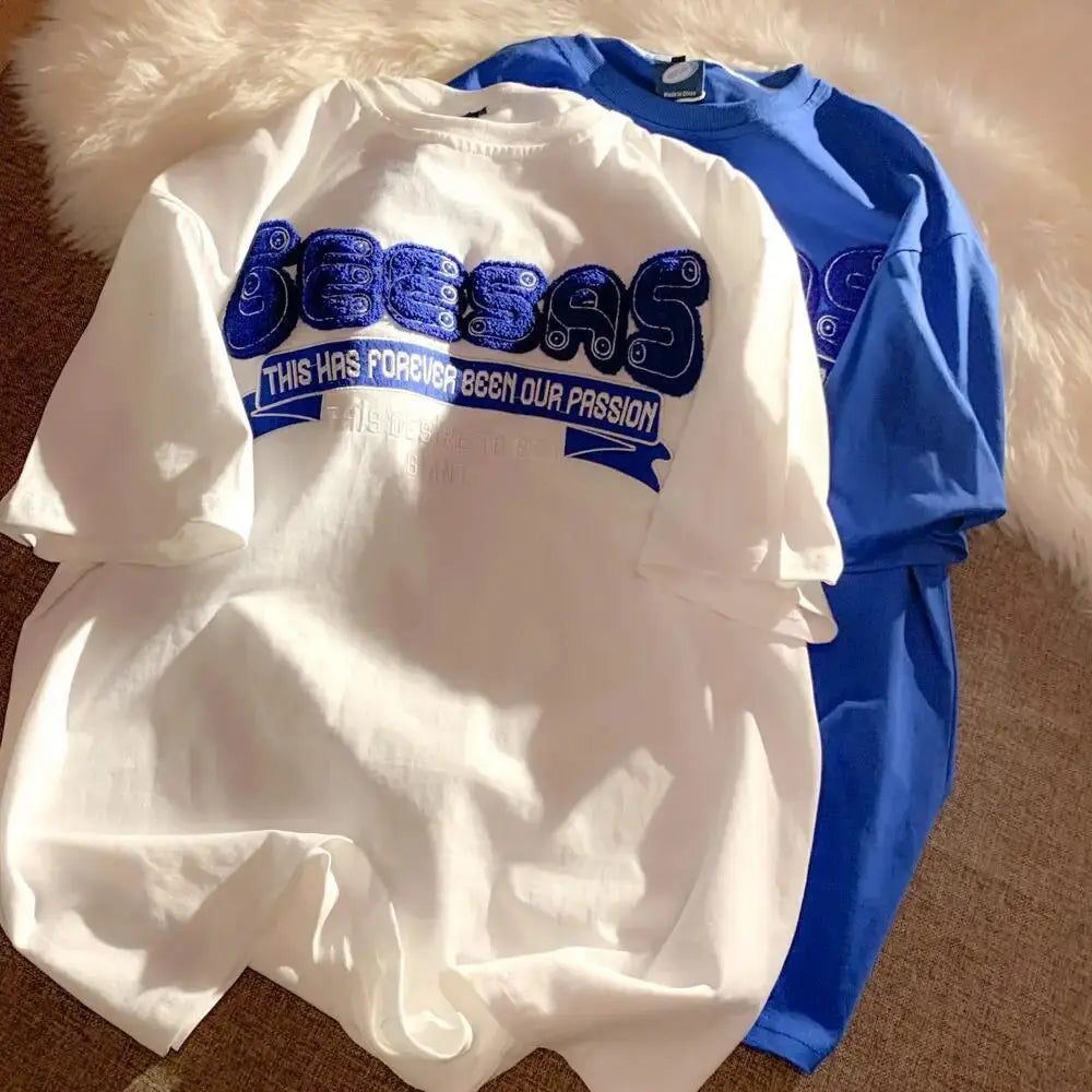 Retro Klein Blue Flocking Embroidery T Shirts Fashion Preppy Oversized Short Sleeve Tops 2022 Summer Large 3XL Casual Men Women Daulet Apparel