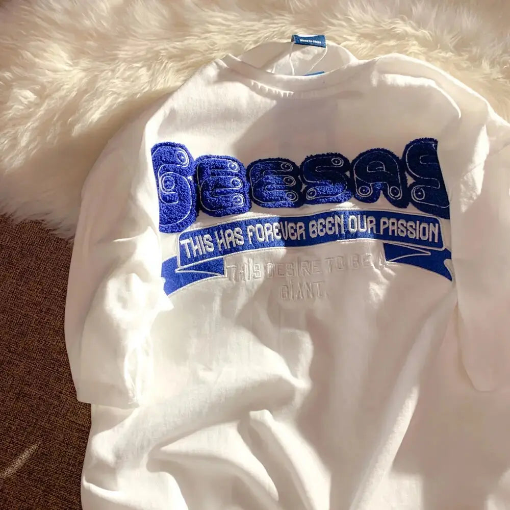 Retro Klein Blue Flocking Embroidery T Shirts Fashion Preppy Oversized Short Sleeve Tops 2022 Summer Large 3XL Casual Men Women Daulet Apparel