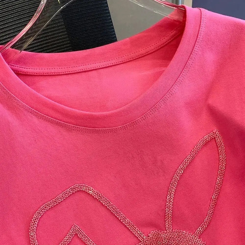 Rose Pink Summer Cotton Sequins Embroidery T Shirts Cute Bunny Rabbit Cartoon Y2k Top Women Girls Kawaii Shirts for Women Ladies Daulet Apparel