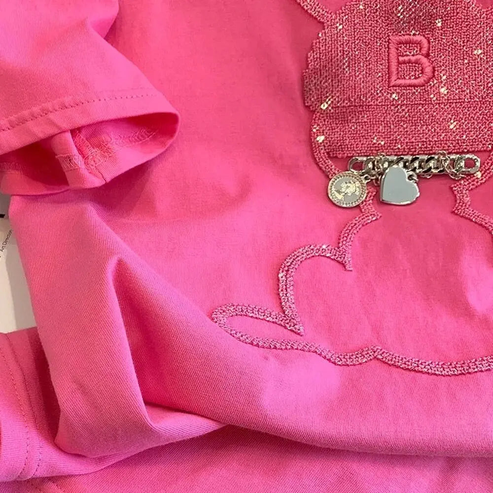 Rose Pink Summer Cotton Sequins Embroidery T Shirts Cute Bunny Rabbit Cartoon Y2k Top Women Girls Kawaii Shirts for Women Ladies Daulet Apparel