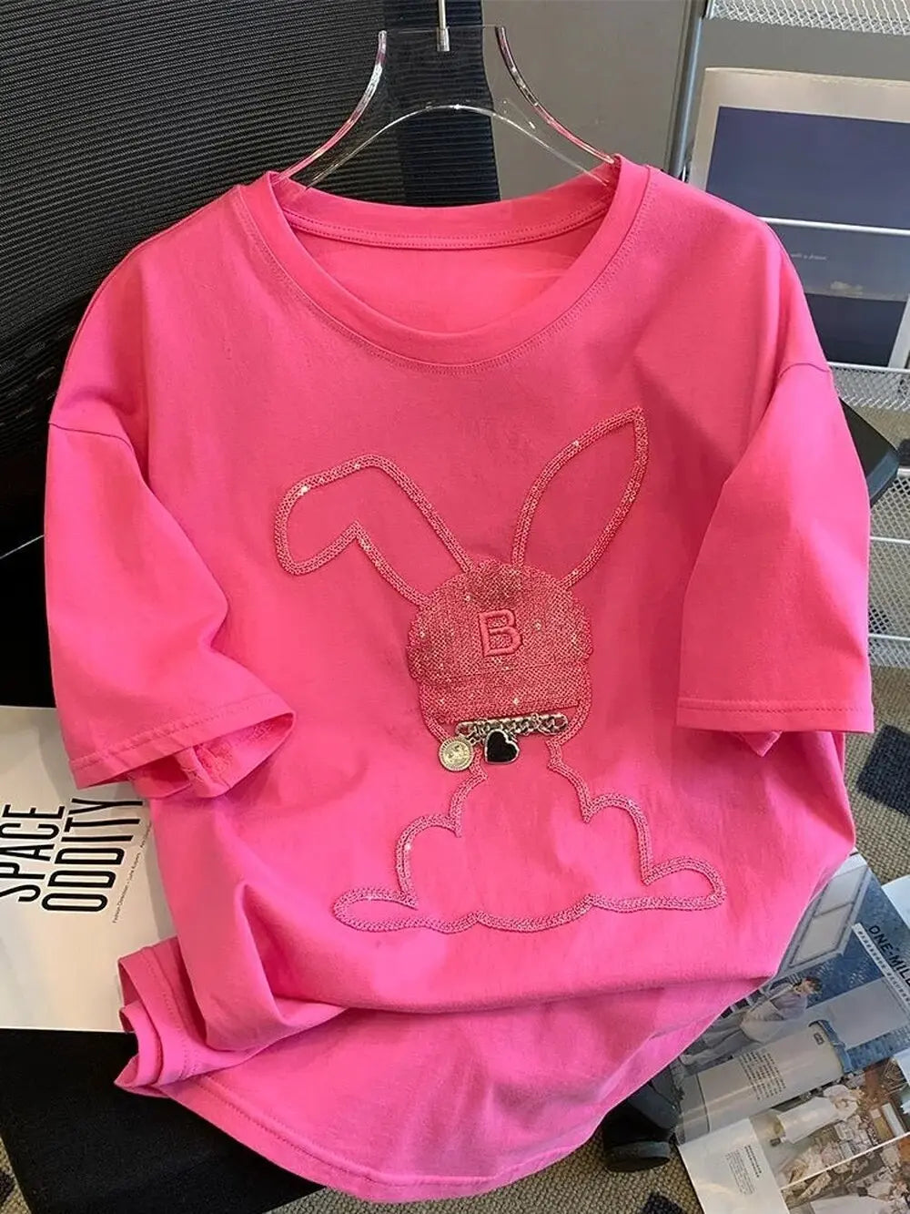 Rose Pink Summer Cotton Sequins Embroidery T Shirts Cute Bunny Rabbit Cartoon Y2k Top Women Girls Kawaii Shirts for Women Ladies Daulet Apparel