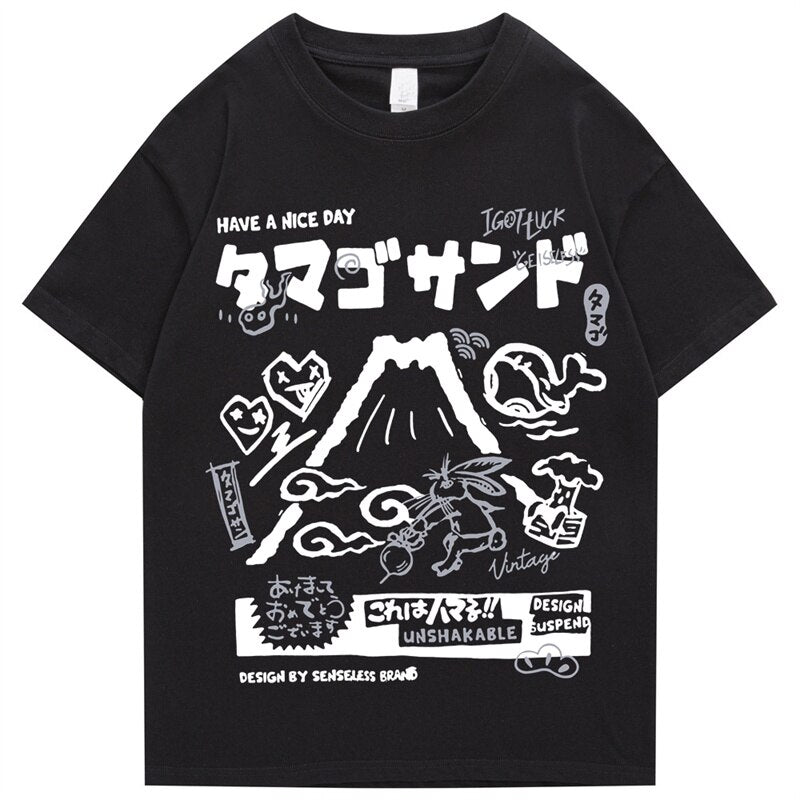 Men Tshirt Streetwear Japanese Kanji Cartoon Vocano Rabbit Graphic T-Shirt Harajuku Summer 2023 Cotton T Shirt Hip Hop Tops Tees Daulet Apparel