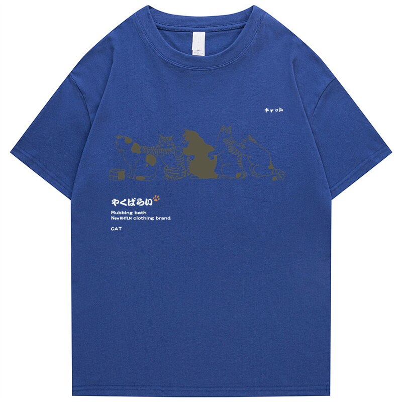 2023 Men Hip Hop T Shirt Streetwear Japanese Kanji Harajuku Funny Cat T-Shirt Summer Short Sleeve Tops Tees Cotton Print Tshirts Daulet Apparel