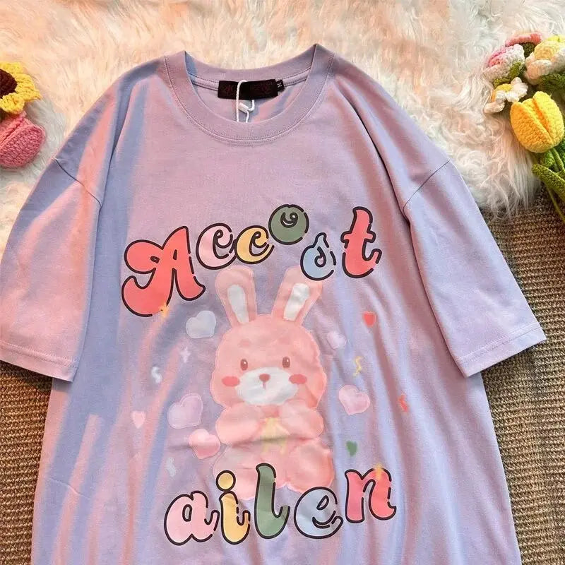 Super Cute Cartoon Painting Rabbit T Shirts Sweet Girls Preppy Kawaii Tee Cotton Material Summer Short Sleeve Tops Korean Trend Daulet Apparel