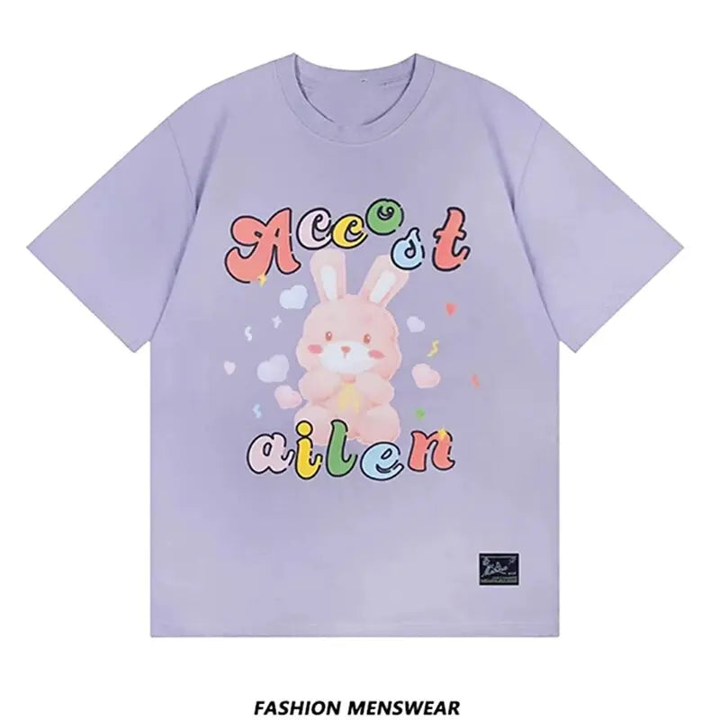 Super Cute Cartoon Painting Rabbit T Shirts Sweet Girls Preppy Kawaii Tee Cotton Material Summer Short Sleeve Tops Korean Trend Daulet Apparel