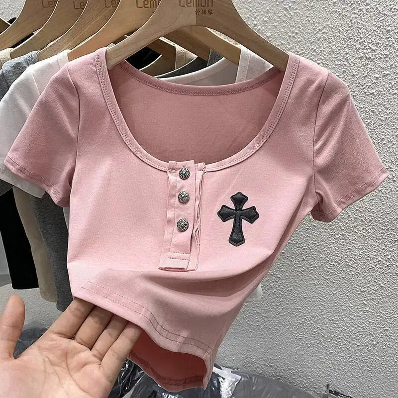 U-neck Square Collar Crop Tops Black Cross Appliques Solid T Shirts Skinny Basic Office Lady Streetwear Summer Casual Korean Ins Daulet Apparel