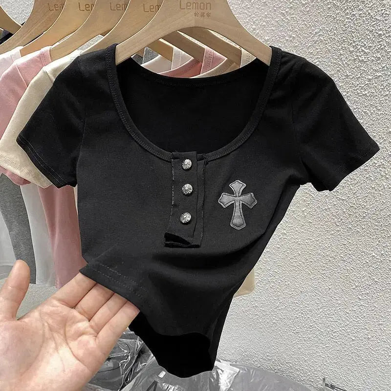 U-neck Square Collar Crop Tops Black Cross Appliques Solid T Shirts Skinny Basic Office Lady Streetwear Summer Casual Korean Ins Daulet Apparel