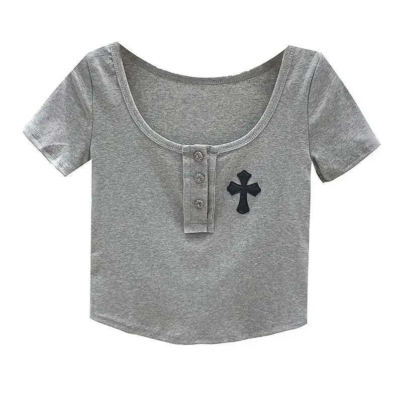U-neck Square Collar Crop Tops Black Cross Appliques Solid T Shirts Skinny Basic Office Lady Streetwear Summer Casual Korean Ins Daulet Apparel