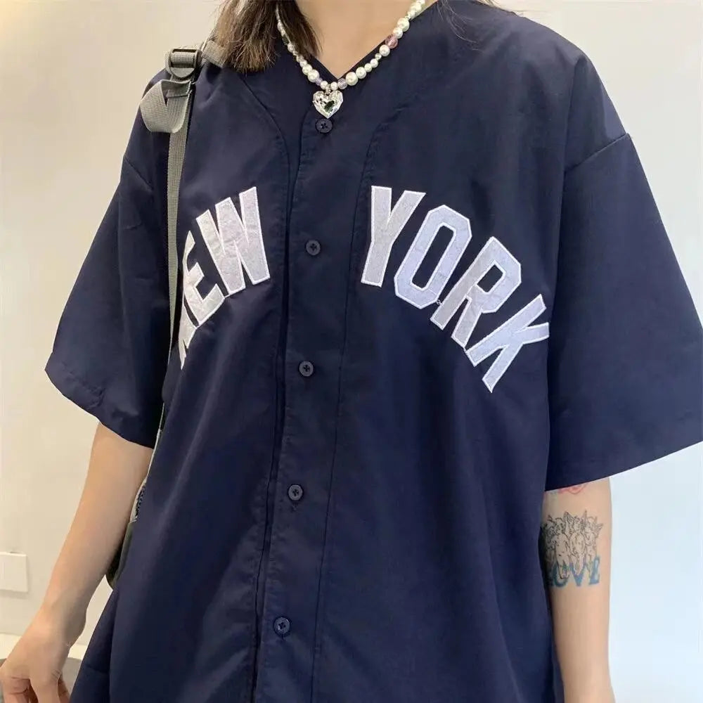 american vintage letter print shirts baseball cardigan khaki navy short sleeve tops summer casual teenage blouses harajuku 2023 Daulet Apparel
