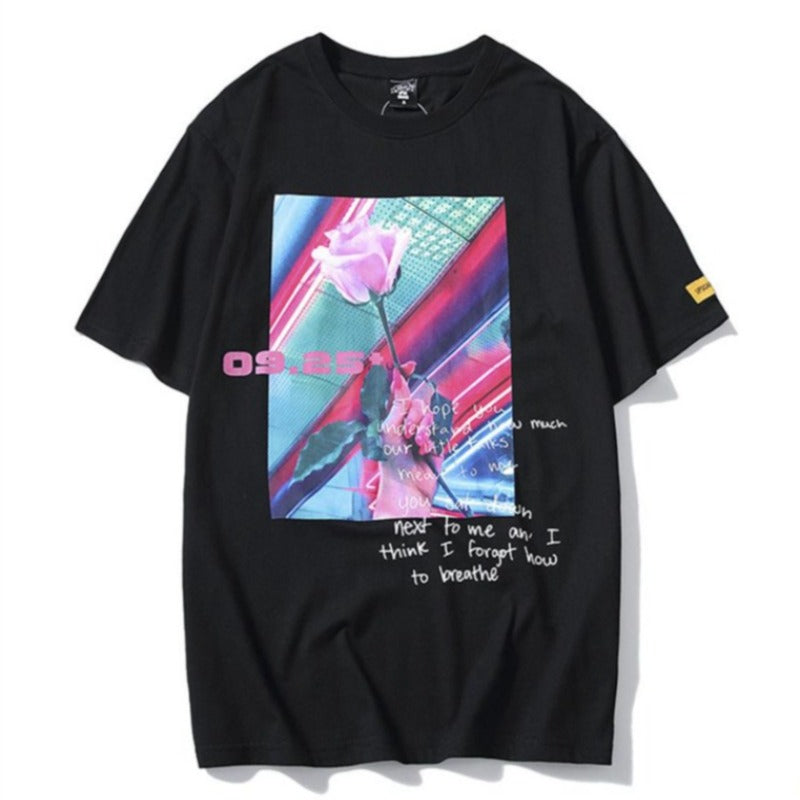 "Pink Rose" Streetwear Hip Hop Men Women Graphic T-Shirt Daulet Apparel