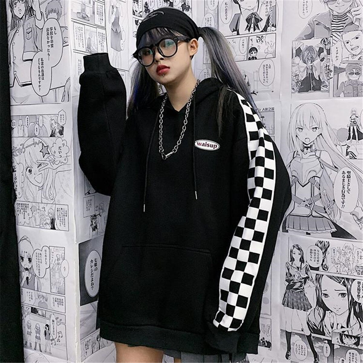 Cute Plaid Hoodie Streetwear Men High Street Sweatshirt Girls Tops Hooded Funny Autumn Japan Gothic Loose Korean Hoodies Male Daulet Apparel