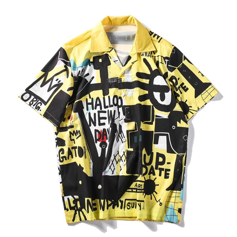 "Retro Style Graffiti" Unisex Men Women Streetwear Button Shirt Daulet Apparel