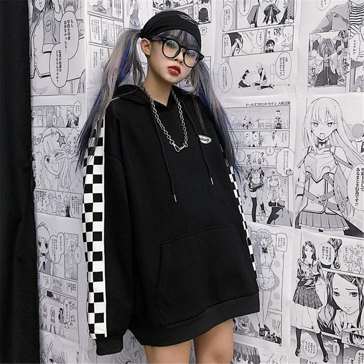 Cute Plaid Hoodie Streetwear Men High Street Sweatshirt Girls Tops Hooded Funny Autumn Japan Gothic Loose Korean Hoodies Male Daulet Apparel