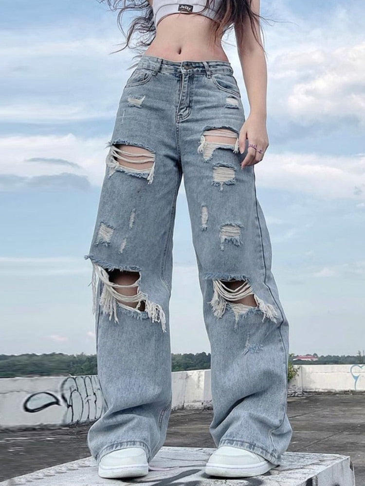 Womens Wide Leg Baggy Jeans Skater Jeans High Waisted Ripped Denim Pants  Women's Jeans Light Blue M