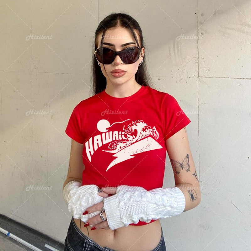 "Red Waves" Women Vintage Short Sleeve Graphic T-Shirt Daulet Apparel